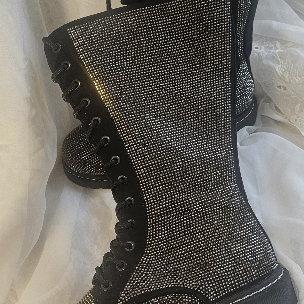 Women's Black Rhinestone Lace-Up Combat Boots - Picture 7 of 10